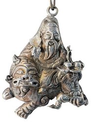 CHINESE EXPORT Silver-Tone Figural Deity Riding Foo Dog Pendant Necklace - Rope Chain & Barrel Clasp
