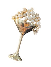 SIGNED GERRYS Gold-Tone Cocktail Glass Brooch With Simulated Pearls And Rhinestones, C. 1960s-1970s