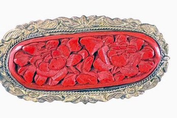 CINNABAR China SIGNED WANG HING Oval Carved Brooch With Floral Motifs, C. 1900s