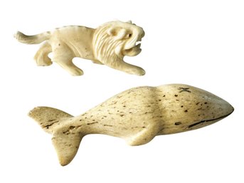 TWO CARVED BONE MINIATURES Scrimshaw, Whale, Lion, Folk Art, Carving