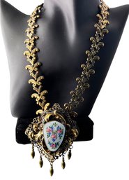 SIGNED Ornate Gold-Tone Victorian Revival Enamel Floral Pendant Necklace, C. 1940s