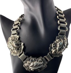 VINTAGE Silver Ornate Foliate Medallion Collar Necklace, C. 1950s-1970s