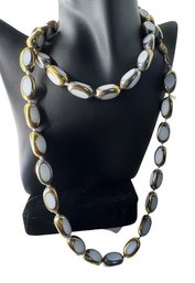 Strand Necklace With Alternating Gold And Silver Milky Oval Cabochons, C. 1960s-1970s