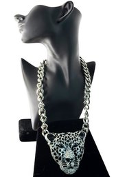 STATEMENT JEWELRY Silver-Tone Rhinestone & Enamel Leopard Head Necklace, C. 1990s-2000s
