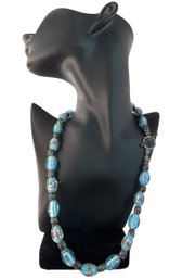 VINTAGE HANDCRAFTED Blue Glass Beaded Necklace With Hand-Painted Rose Motifs And Textured Spacers, C. 1990s