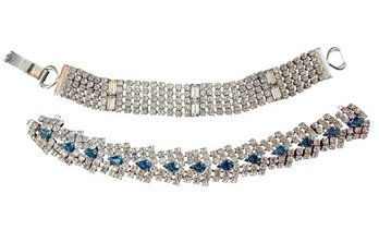 VINTAGE Multi-Row Clear And Blue Rhinestone Statement Bracelets, C. 1950s-1960s