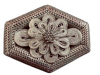 Silver Filigree Floral Brooch In Openwork Hexagon Frame, C. 1950s-1970s
