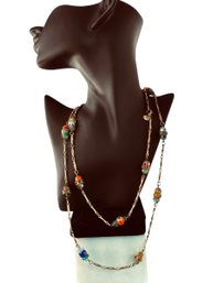 Gold-Tone Long Beaded Chain Necklace With Multi-Color Glass And Rhinestone Accents, C. 1960s-1980