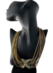 Gold-Tone Multi-Strand Necklace With Pave Rhinestone X-Cross Detail - Original Tag