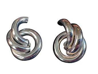 SIGNED A.F.T.C. Polished Silver-Tone Abstract Interlocking Tubular Knot Clip Earrings, C. 1980s-1990s