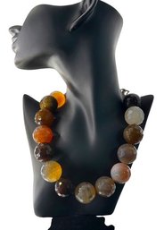 NATURAL AGATE Multi-Hue Faceted Bead Statement Necklace With Artisan Hook Clasp, C. 1970s-1990s
