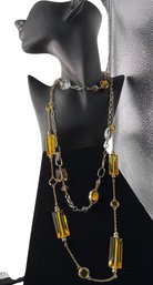 Gold-Tone Multi-Strand Necklace With Amber And Mixed Faceted Glass Beads