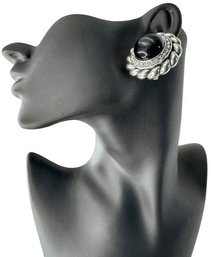 SIGNED AOB Silver-Tone Rope Edge Black Cabochon & Rhinestone Clip-On Earrings, C. 1990s