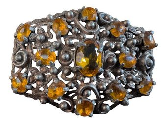 Ornate Openwork Brooch With Amber-Toned Faceted Rhinestones, C. 1920s-1940s