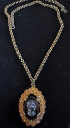 Intaglio Pendant Necklace With Shimmering Rhinestone Halo, C. 1950s-1970s