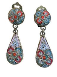 MICRO-MOSAIC Vibrant Floral Dangle Clip-On Earrings, C. 1950s-1970s