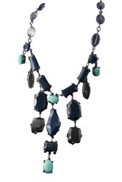 Multi-Stone Bib Necklace With Dangling Geometric & Oval Beads, C. 1990s