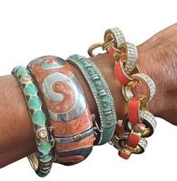 Set Of Four Enamel And Rhinestone Hinged Bangles And Link Bracelet, C1990s-2000s