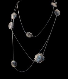 Oxidized Silver-Tone Stamped Motif Long Station Necklace, C. 1960s-1980s