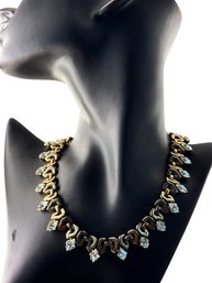 SIGNED TRIFARI Gold-Tone Geometric Link Collar Necklace With Dangle Rhinestones, C. 1940s-1950s
