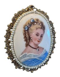 Hand-Painted Portrait Miniature Brooch Pendant With Faux Pearls & Ornate Filigree Frame, C. 1950s-