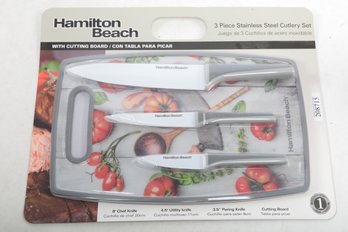 Hamilton Beach 3 Piece Stainless Steel Cutlery Set With Cutting Board - New In Original Packaging