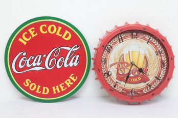 Collectable Wall Art W/ Coca Cola Sign And Beer Cap Clock