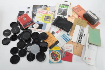 Huge Vintage Camera Accessories Lot Of Lens Caps Exposure Cards Manuals Kodachrome And More