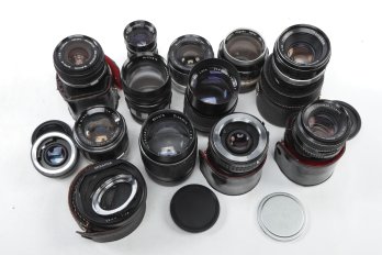 Large Lot Of Various Camera Lenses And Brands And Sizes Soligor Miranda Accura Nippon Etc.