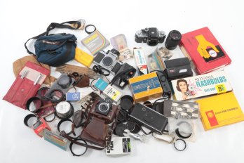 Enormous Lot Of Cameras Manuals Pentax Brownie Leica Kodac Lens Lens Caps Etc.