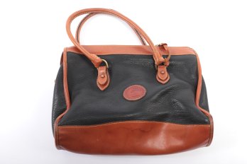 Vintage Dooney & Bourke Classic Satchel Handbag In Black Pebbled All Weather Leather W/Brown Trim