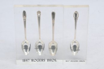 2pc '1847 Rogers Bros.' Acrylic Encased Silver-Plated Spoons '1st Love, Eternally Yours & Adoration'