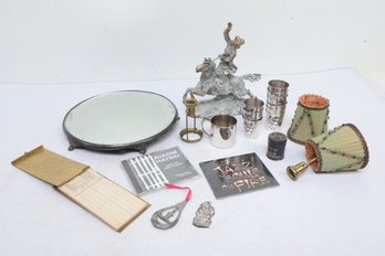Mixed Vintage Box Lot: Silver-Plate Dresser Mirror, Mini Fabric Lamp Shades, Misc. Silver Plate & More