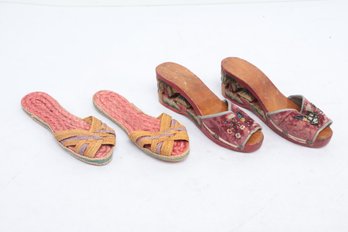 Antique WWII Era Hand Carved Wooden Shoes W/Woven Rope Slides