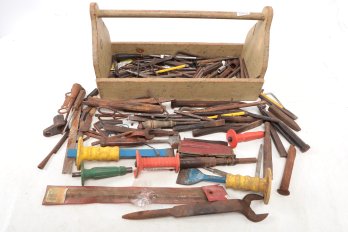 Wooden Tool Box Full Of  Vintage Tools  Mostly Chisels