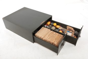 Woodmaster Card Cabinet W/ Vintage Film Canisters And Negatives