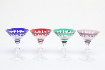4 Ajka 24% Lead Crystal Cut To Clear Multi-Colored Martini Glasses In Red, Purple, Blue & Green