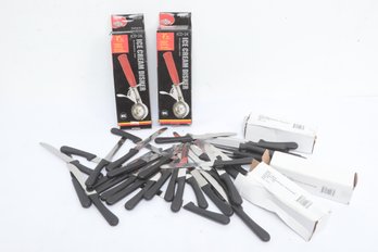 Large Grouping Of Restaurant Style Steak Knives & 2 Winware 2' Diameter Ice Cream Scoops