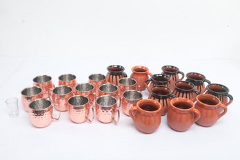 Mixed Grouping Of New Hammered Copper Mugs & 'Jarrito De Barro Clay Mugs