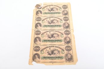 Citizens Bank Of Louisiana Uncut Sheet Four One Hundred Dollar Notes New Orleans 1857 American Bank Note