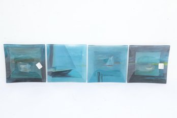 (4) Square Glass Decorative Seascape/Sailboat Dishes (8' X 8')