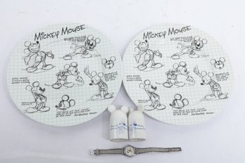 Pair Of Mickey 90th Anniversary Dinner Plates W/ Salt And Pepper Shakers And Watch