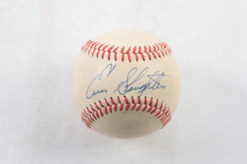 Enos Slaughter Signed Baseball HOF Deceased Auto Wilson Babe Ruth Ball Auto.