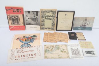 Ephemera, Books & Paper Americana Lot: Gimbels Stamp News, Art Catalogs, Mid-Century Booklets, &  Prints