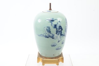 Antique 19th C Chinese Quin Blue White Celadon Porcelain Ginger Jar