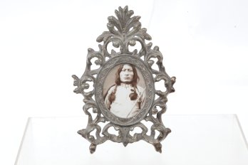 Vintage Ornate Cast Iron Oval Frame W/Native American Print