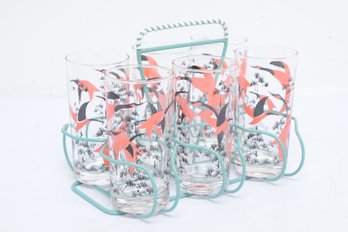 Mid-century Mod. Wild Geese Tall Glass Set In Vintage Carrier - All In Very Good Condition ! Anchor Hocking