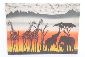 Signed Vintage Batik Art , African Elephants & Giraffes - Possibly Kenya Or Tanzania