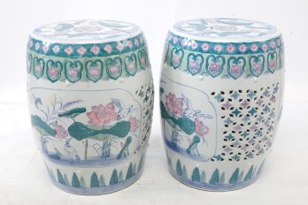 Pair Of Decorative 17.5' Oriental Ceramic Stool Plant Stands