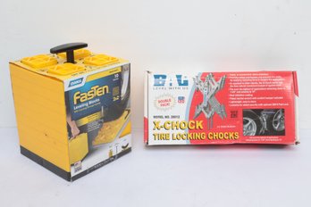 BAL X-Chock Tire Locking Chocks Double Pack #28012 And Camco FasTen Leveling Blocks